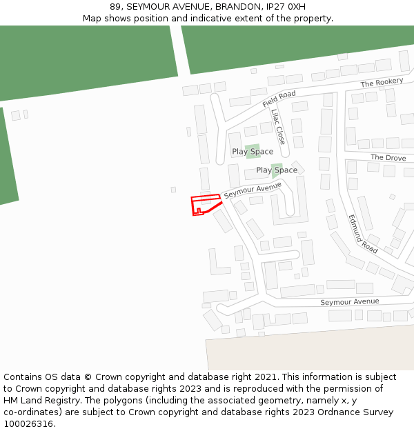 89, SEYMOUR AVENUE, BRANDON, IP27 0XH: Location map and indicative extent of plot