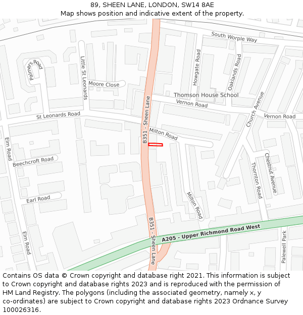 89, SHEEN LANE, LONDON, SW14 8AE: Location map and indicative extent of plot