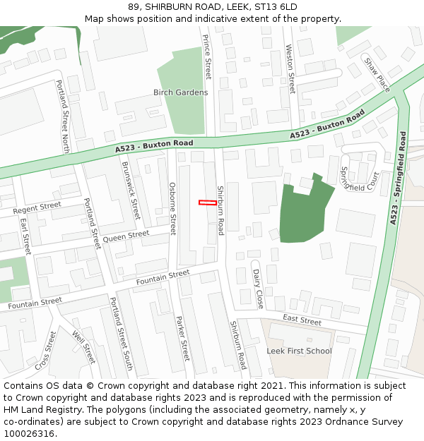 89, SHIRBURN ROAD, LEEK, ST13 6LD: Location map and indicative extent of plot