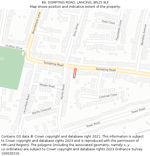 89, SOMPTING ROAD, LANCING, BN15 9LF: Location map and indicative extent of plot