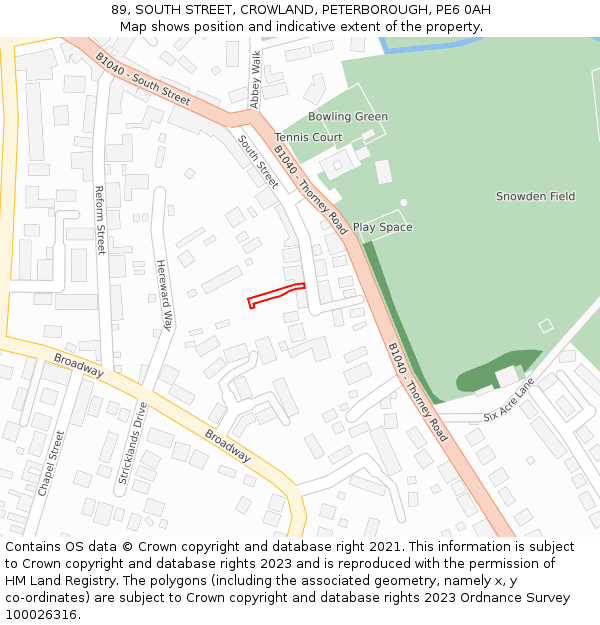 89, SOUTH STREET, CROWLAND, PETERBOROUGH, PE6 0AH: Location map and indicative extent of plot