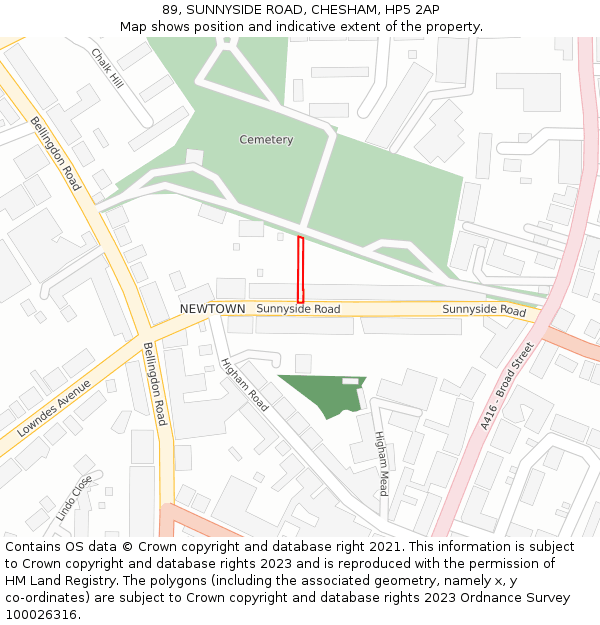 89, SUNNYSIDE ROAD, CHESHAM, HP5 2AP: Location map and indicative extent of plot