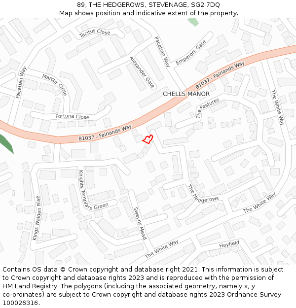 89, THE HEDGEROWS, STEVENAGE, SG2 7DQ: Location map and indicative extent of plot
