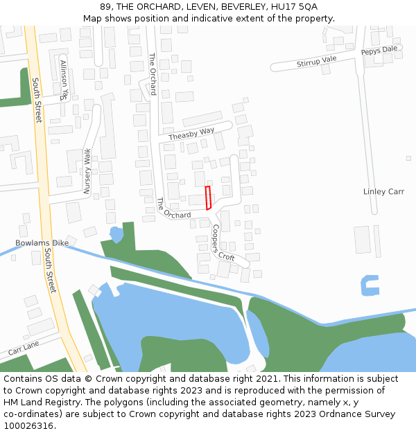 89, THE ORCHARD, LEVEN, BEVERLEY, HU17 5QA: Location map and indicative extent of plot