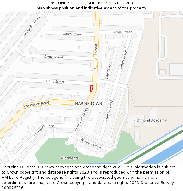 89, UNITY STREET, SHEERNESS, ME12 2PR: Location map and indicative extent of plot