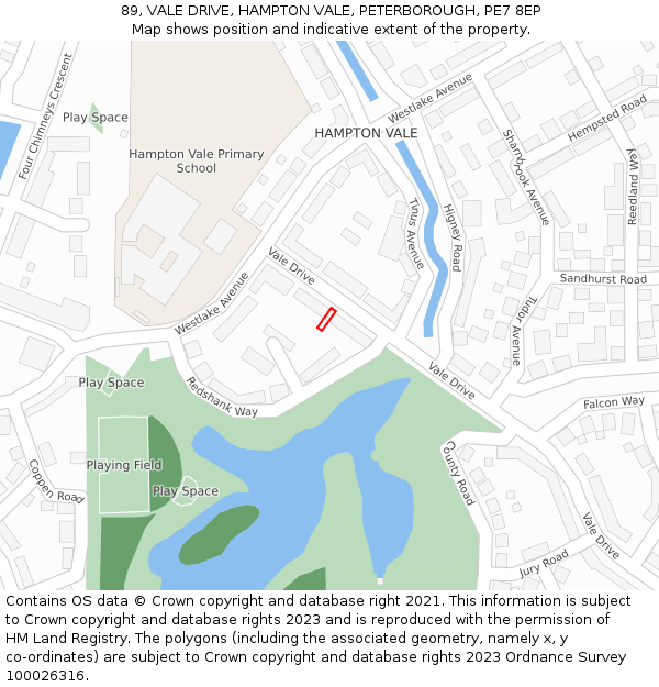89, VALE DRIVE, HAMPTON VALE, PETERBOROUGH, PE7 8EP: Location map and indicative extent of plot