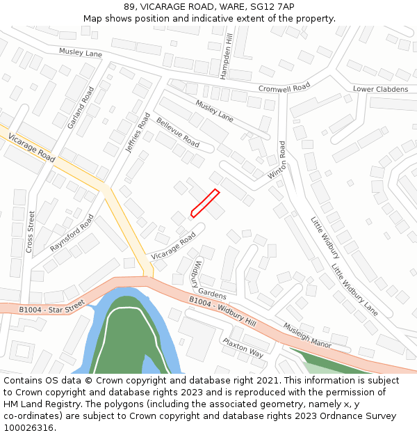 89, VICARAGE ROAD, WARE, SG12 7AP: Location map and indicative extent of plot