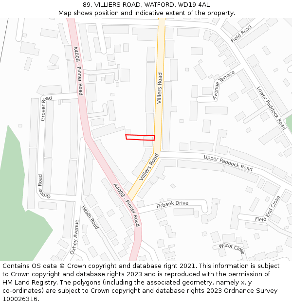 89, VILLIERS ROAD, WATFORD, WD19 4AL: Location map and indicative extent of plot