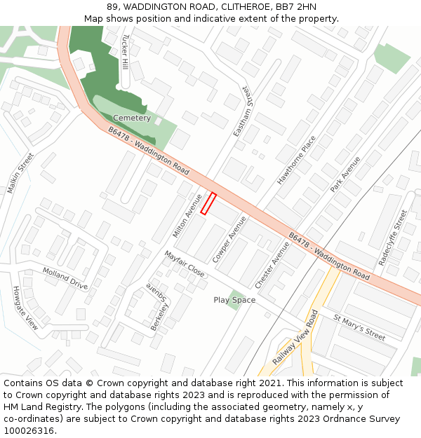 89, WADDINGTON ROAD, CLITHEROE, BB7 2HN: Location map and indicative extent of plot