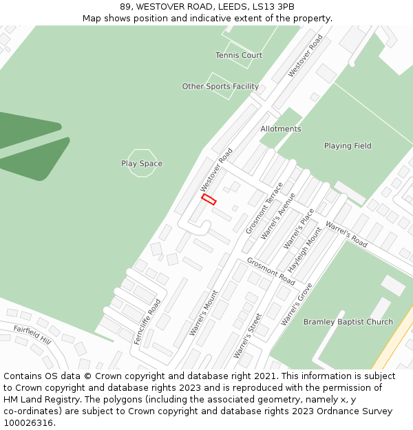 89, WESTOVER ROAD, LEEDS, LS13 3PB: Location map and indicative extent of plot