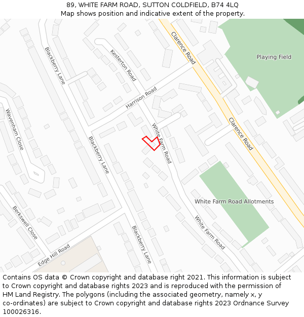 89, WHITE FARM ROAD, SUTTON COLDFIELD, B74 4LQ: Location map and indicative extent of plot