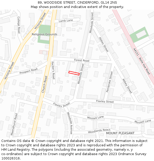 89, WOODSIDE STREET, CINDERFORD, GL14 2NS: Location map and indicative extent of plot