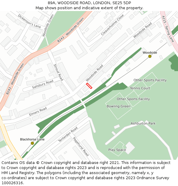 89A, WOODSIDE ROAD, LONDON, SE25 5DP: Location map and indicative extent of plot