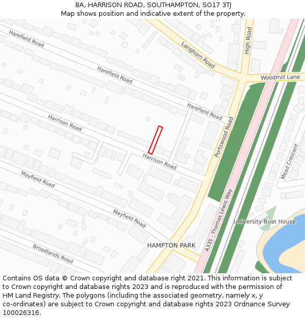 8A, HARRISON ROAD, SOUTHAMPTON, SO17 3TJ: Location map and indicative extent of plot