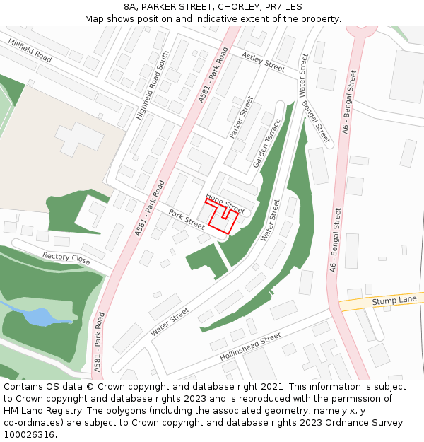 8A, PARKER STREET, CHORLEY, PR7 1ES: Location map and indicative extent of plot