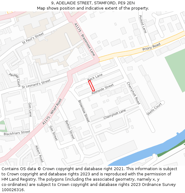 9, ADELAIDE STREET, STAMFORD, PE9 2EN: Location map and indicative extent of plot