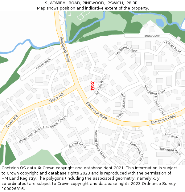 9, ADMIRAL ROAD, PINEWOOD, IPSWICH, IP8 3PH: Location map and indicative extent of plot