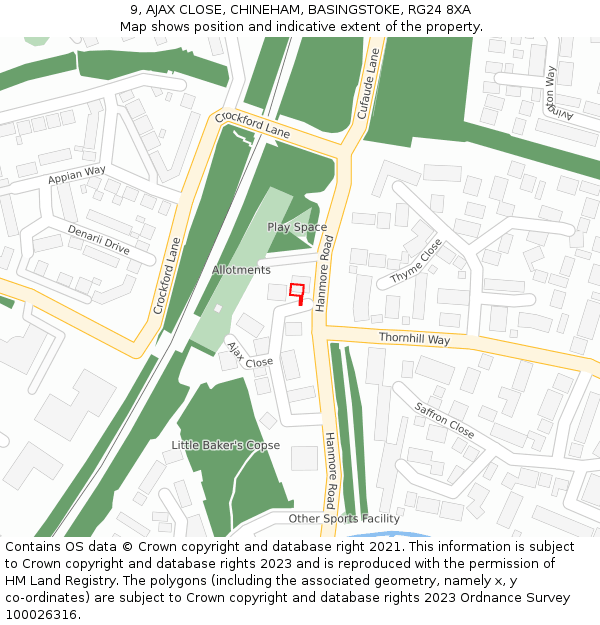 9, AJAX CLOSE, CHINEHAM, BASINGSTOKE, RG24 8XA: Location map and indicative extent of plot