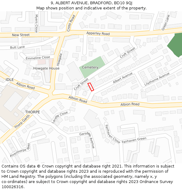 9, ALBERT AVENUE, BRADFORD, BD10 9QJ: Location map and indicative extent of plot