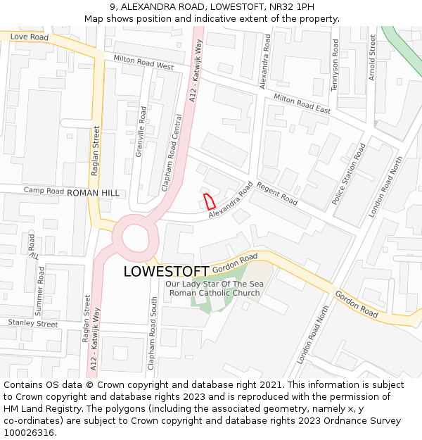 9, ALEXANDRA ROAD, LOWESTOFT, NR32 1PH: Location map and indicative extent of plot