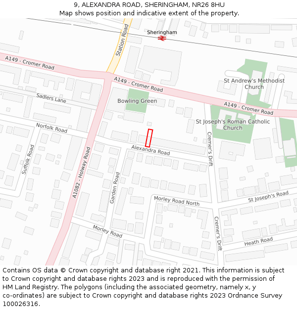 9, ALEXANDRA ROAD, SHERINGHAM, NR26 8HU: Location map and indicative extent of plot