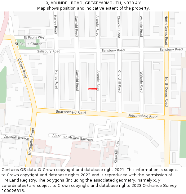 9, ARUNDEL ROAD, GREAT YARMOUTH, NR30 4JY: Location map and indicative extent of plot