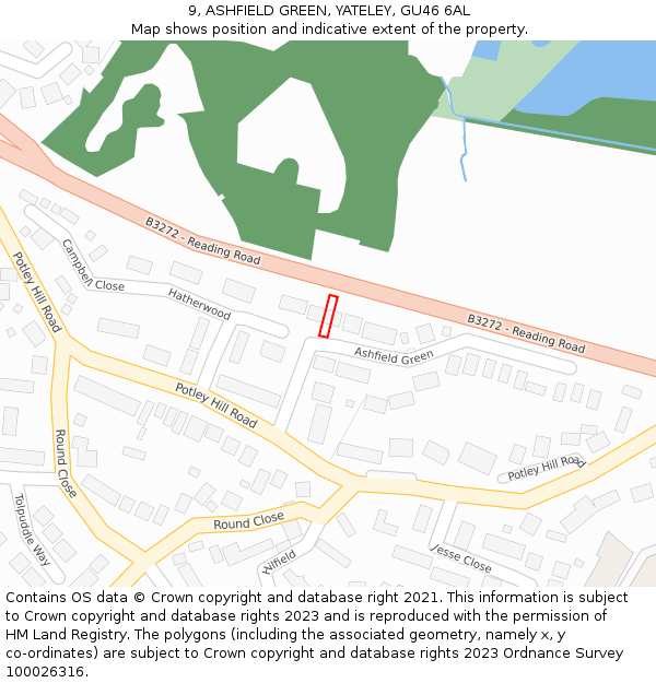 9, ASHFIELD GREEN, YATELEY, GU46 6AL: Location map and indicative extent of plot