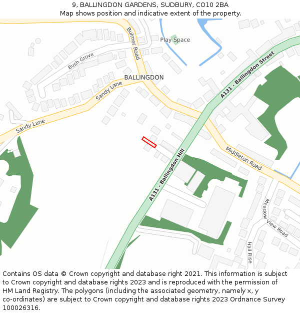 9, BALLINGDON GARDENS, SUDBURY, CO10 2BA: Location map and indicative extent of plot