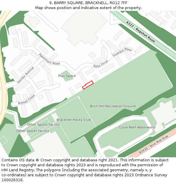 9, BARRY SQUARE, BRACKNELL, RG12 7FF: Location map and indicative extent of plot