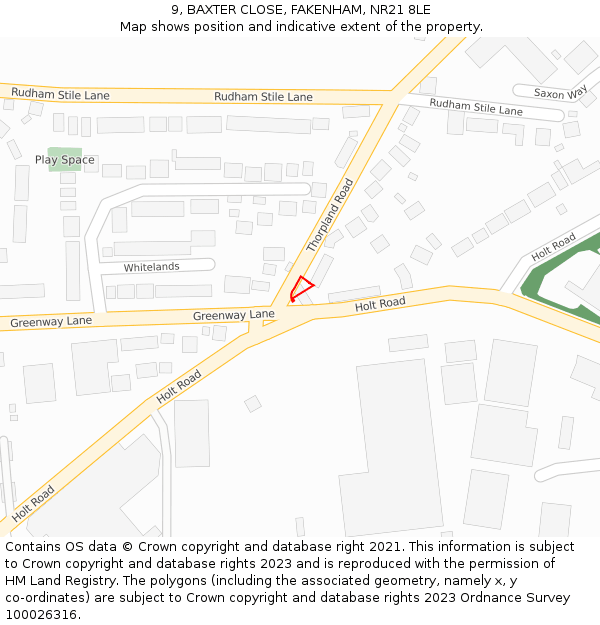 9, BAXTER CLOSE, FAKENHAM, NR21 8LE: Location map and indicative extent of plot
