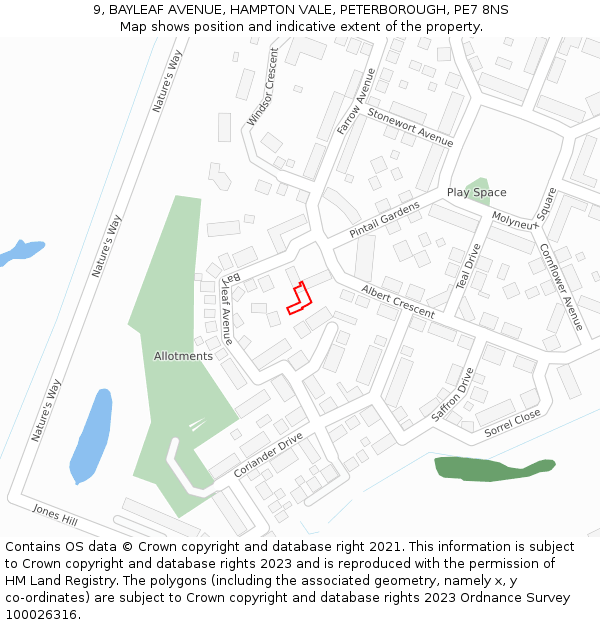 9, BAYLEAF AVENUE, HAMPTON VALE, PETERBOROUGH, PE7 8NS: Location map and indicative extent of plot