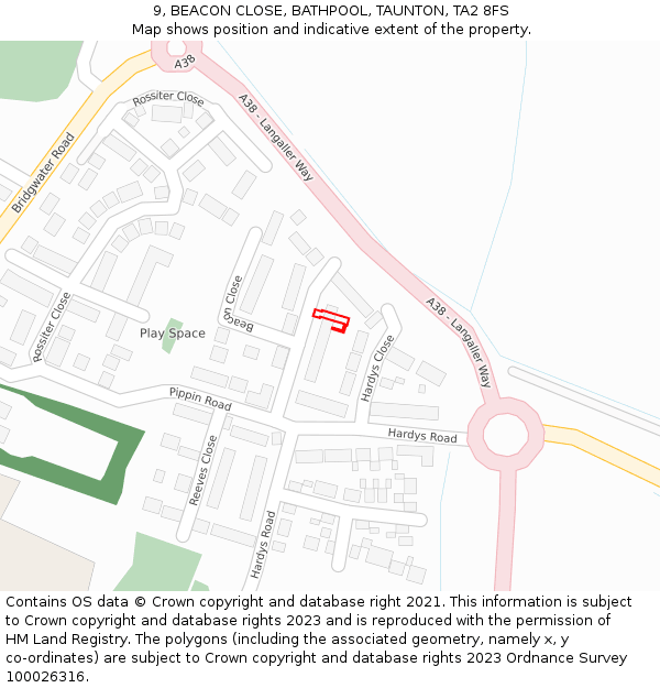 9, BEACON CLOSE, BATHPOOL, TAUNTON, TA2 8FS: Location map and indicative extent of plot