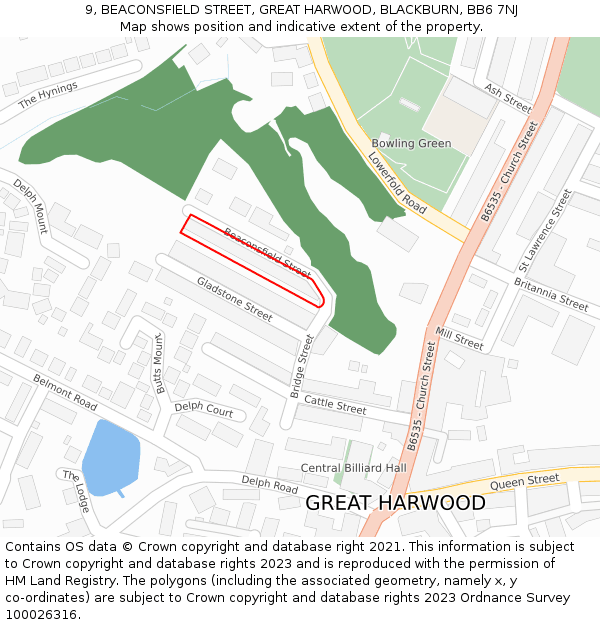 9, BEACONSFIELD STREET, GREAT HARWOOD, BLACKBURN, BB6 7NJ: Location map and indicative extent of plot