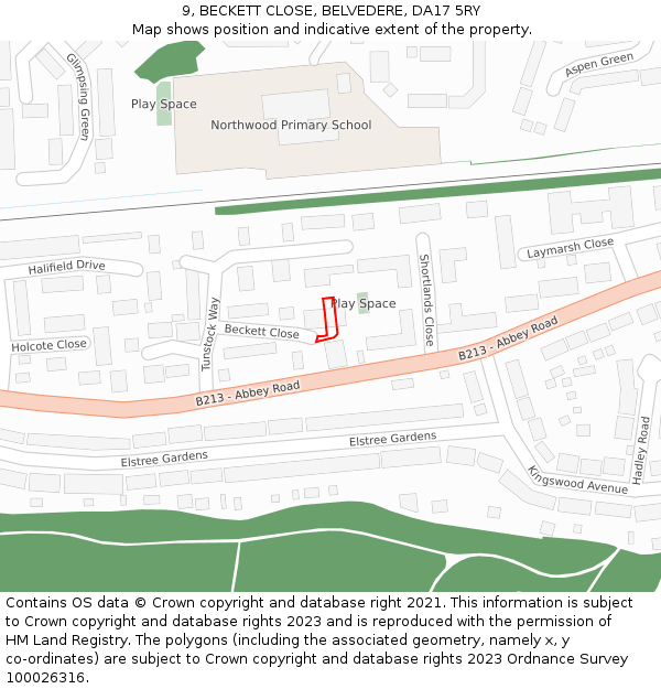 9, BECKETT CLOSE, BELVEDERE, DA17 5RY: Location map and indicative extent of plot