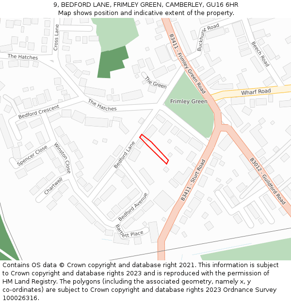 9, BEDFORD LANE, FRIMLEY GREEN, CAMBERLEY, GU16 6HR: Location map and indicative extent of plot