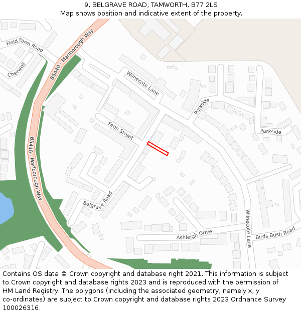 9, BELGRAVE ROAD, TAMWORTH, B77 2LS: Location map and indicative extent of plot
