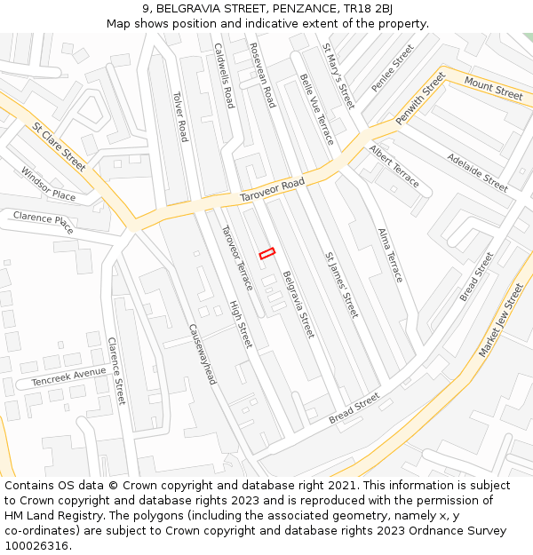 9, BELGRAVIA STREET, PENZANCE, TR18 2BJ: Location map and indicative extent of plot