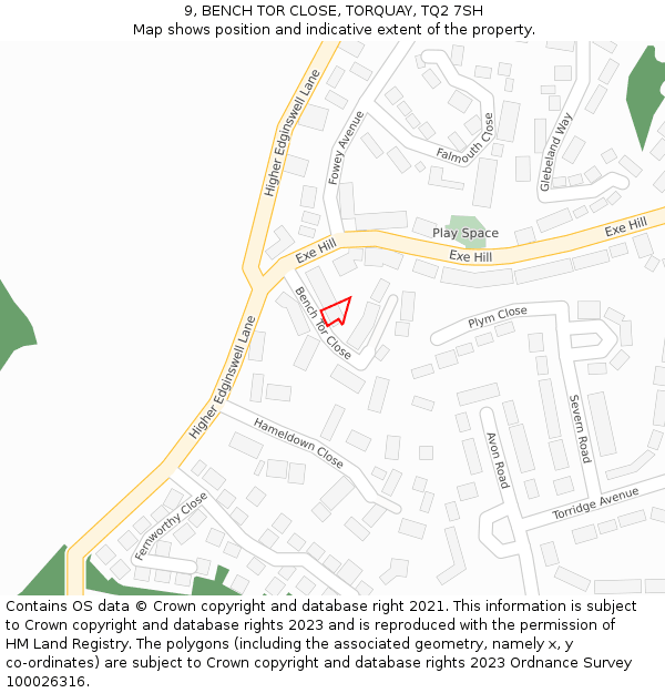 9, BENCH TOR CLOSE, TORQUAY, TQ2 7SH: Location map and indicative extent of plot