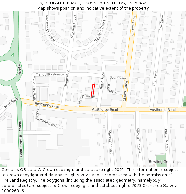 9, BEULAH TERRACE, CROSSGATES, LEEDS, LS15 8AZ: Location map and indicative extent of plot