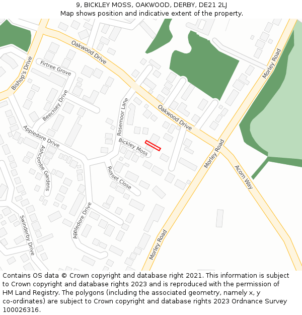 9, BICKLEY MOSS, OAKWOOD, DERBY, DE21 2LJ: Location map and indicative extent of plot