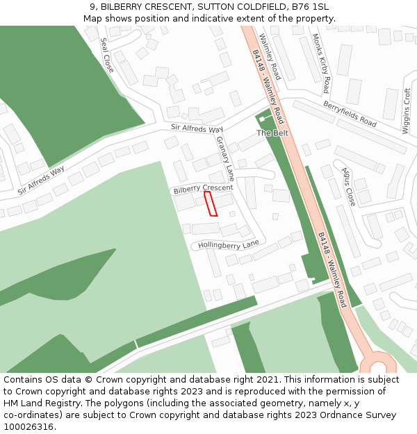 9, BILBERRY CRESCENT, SUTTON COLDFIELD, B76 1SL: Location map and indicative extent of plot