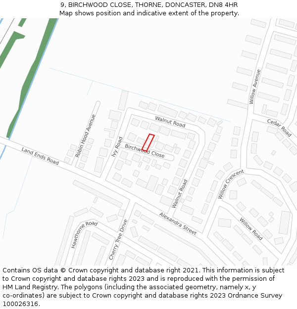9, BIRCHWOOD CLOSE, THORNE, DONCASTER, DN8 4HR: Location map and indicative extent of plot