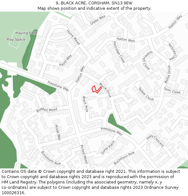 9, BLACK ACRE, CORSHAM, SN13 9EW: Location map and indicative extent of plot