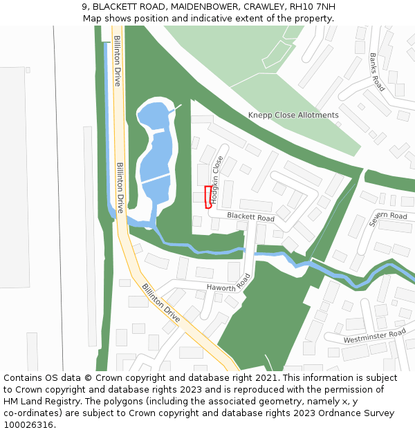 9, BLACKETT ROAD, MAIDENBOWER, CRAWLEY, RH10 7NH: Location map and indicative extent of plot