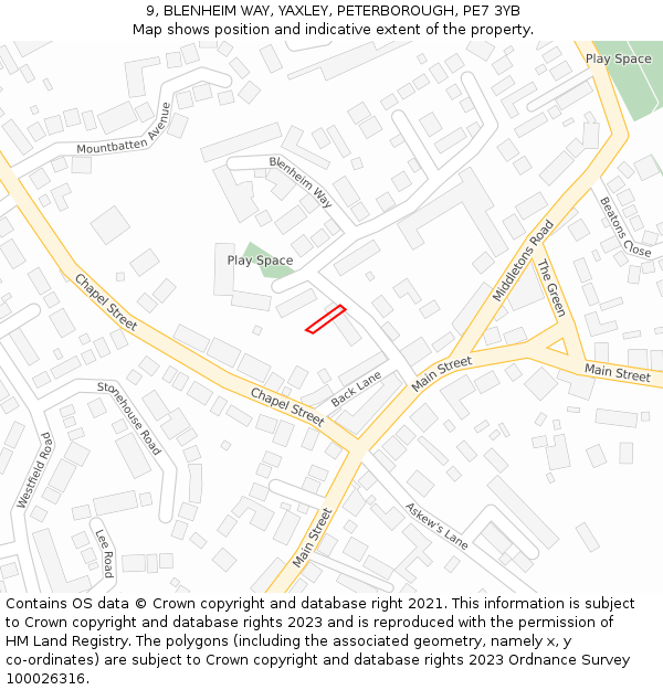 9, BLENHEIM WAY, YAXLEY, PETERBOROUGH, PE7 3YB: Location map and indicative extent of plot