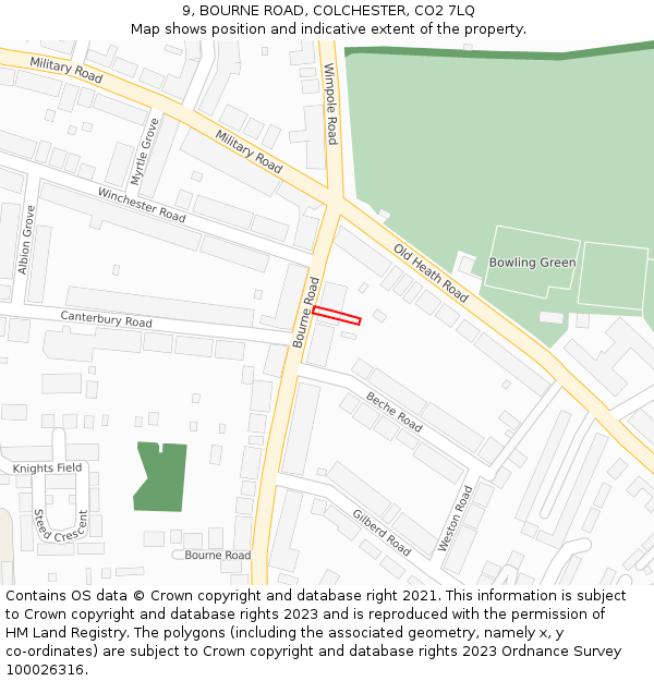 9, BOURNE ROAD, COLCHESTER, CO2 7LQ: Location map and indicative extent of plot