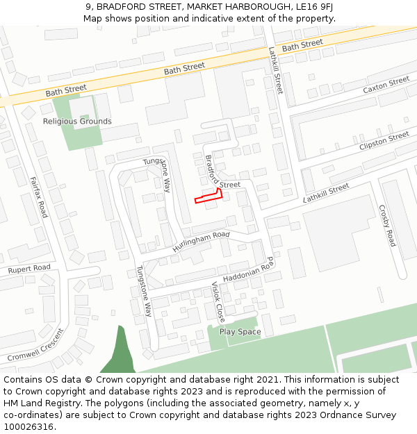 9, BRADFORD STREET, MARKET HARBOROUGH, LE16 9FJ: Location map and indicative extent of plot