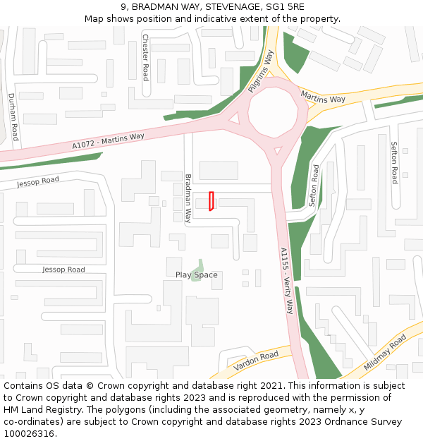 9, BRADMAN WAY, STEVENAGE, SG1 5RE: Location map and indicative extent of plot