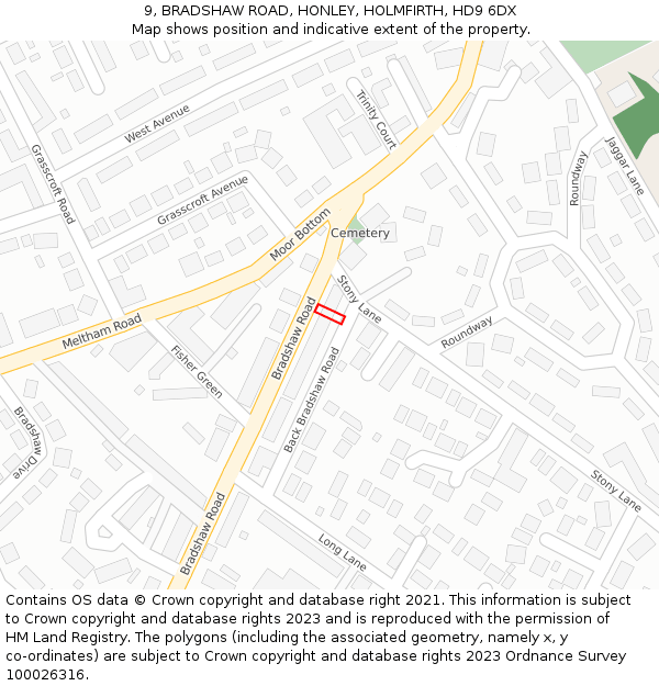9, BRADSHAW ROAD, HONLEY, HOLMFIRTH, HD9 6DX: Location map and indicative extent of plot