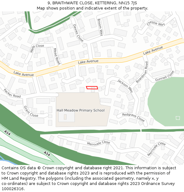 9, BRAITHWAITE CLOSE, KETTERING, NN15 7JS: Location map and indicative extent of plot